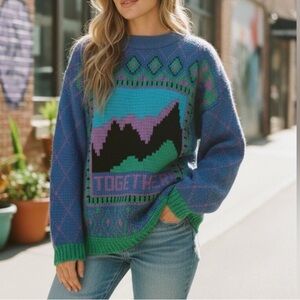 Vtg 80’s RARE Together Blue and Green Graphic Crewneck Sweater